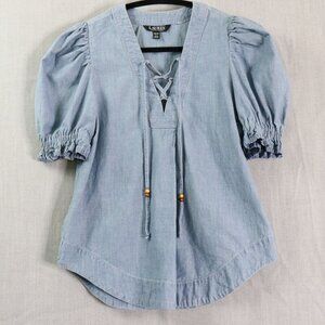 Lauren Ralph Lauren Women's Puff Sleeve Chambray Top XS Boho Lace-Up Blouse